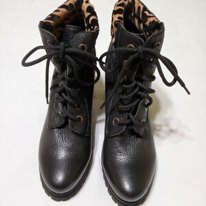 Kelsi Dagger Trek Black/Leopard Lace Up Combat Leather Block Heel Booties Sz 9.5